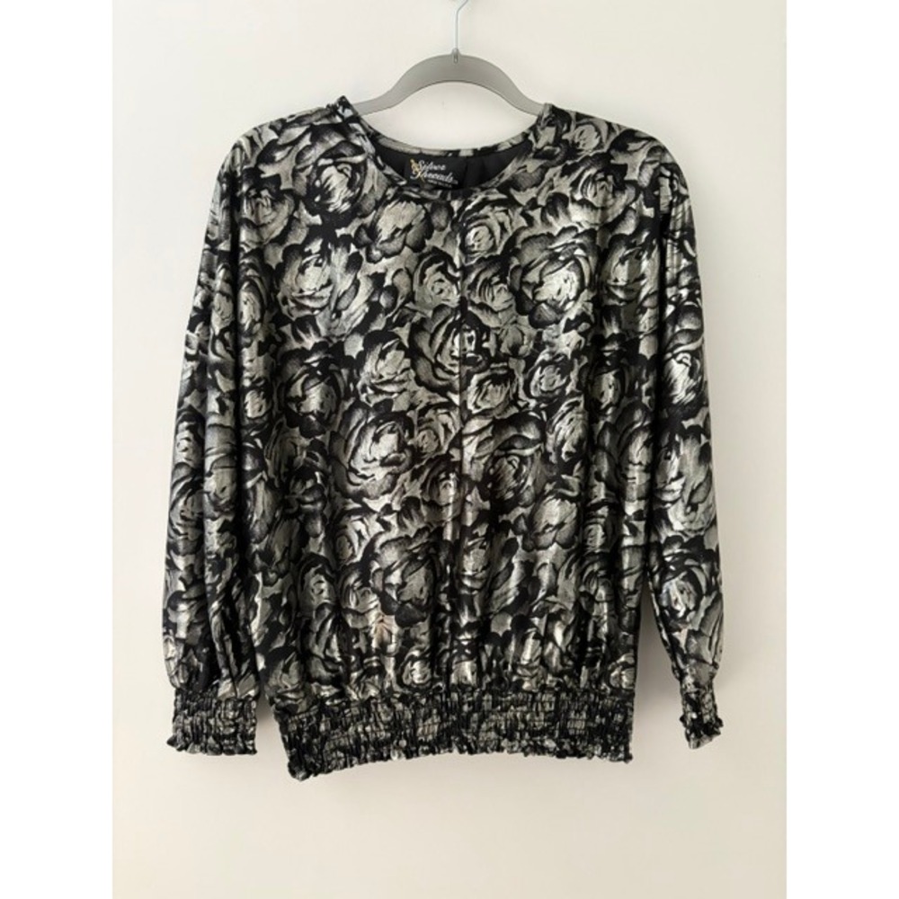 Vintage Silver Threads Metallic Floral Smocked Blouse Silver Black Medium M548